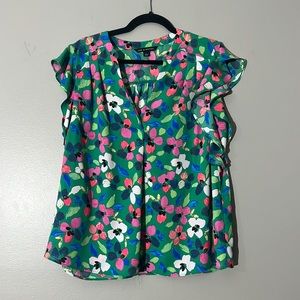 Zac & Rachel Floral Ruffle Sleeve Blouse Womens Top Size L